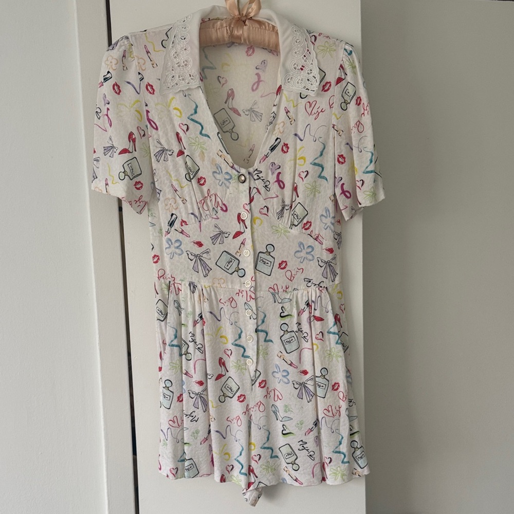 Maje White Romper with Colorful Pattern and Lace Collar